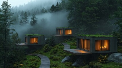 Modern Eco-Friendly Cabins in Misty Forest Landscape at Dusk