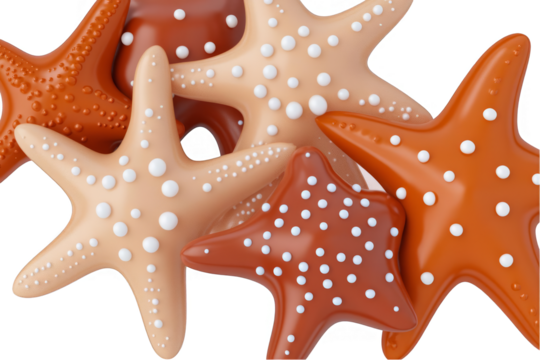 Realistic Photo of Various Starfish Displaying Orange and Beige Hues on Transparent Background