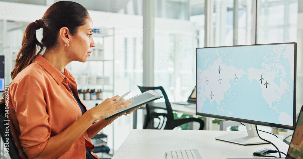 Poster computer screen, tablet and wind turbine with business woman in office for renewable energy or susta