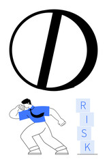 Man in blue knocks over RISK stack beneath a prohibitive circle. Ideal for growth, challenges, risk management, goals, leadership, perseverance, abstract line flat metaphor