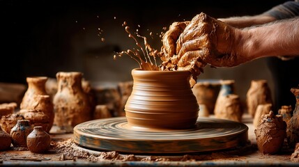 Elegant potter shaping clay on wheel with focused expression in a creative workshop environment
