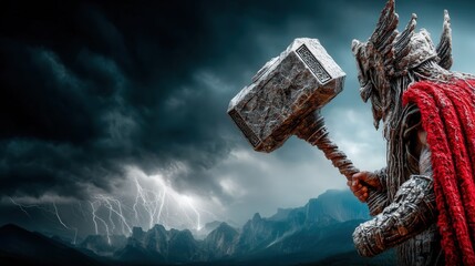 An enigmatic norse god holding a giant axe with a powerful stance symbolizing strength and valor in ancient legends
