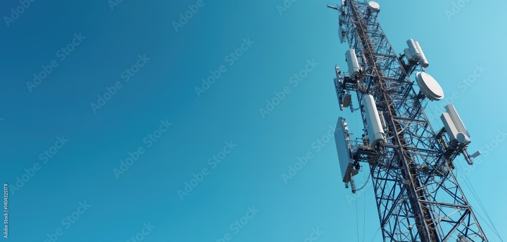 Aufkleber mobile communication tower against blue sky. 5g antenna transmits wireless data, providing high-spee