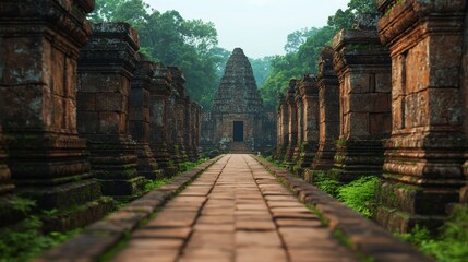 Obraz premium shotlist travel, Authentic Travel Glimpses, Ancient Temple Path in Lush Greenery Amidst Historic Ruins and Architectural Marvels