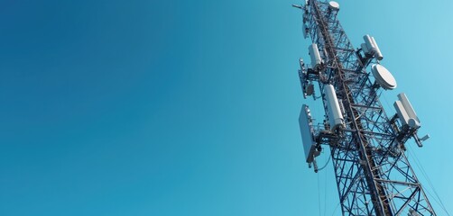 Mobile communication tower against blue sky. 5G antenna transmits wireless data, providing high-speed internet, network connection. Telecommunication tech infrastructure for global information