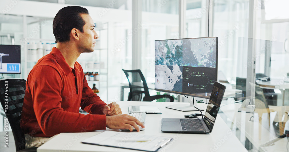 Aufkleber computer screen, map and wind turbine with business man in office for renewable energy or sustainabi