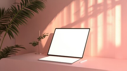 Clean digital mockup setup with white screen tablet and stylus on pastel surface, perfect for copy use
