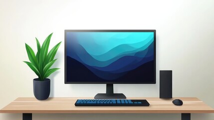 Clean modern desk setup with sleek monitor, wireless keyboard, and houseplant on a light wooden desk, with white background wall perfect for copy space