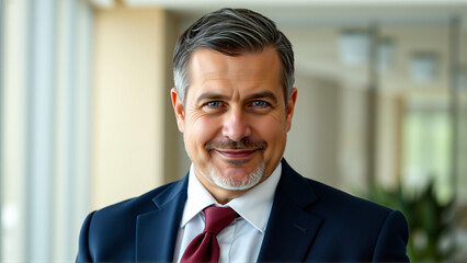 Portrait of middle aged businessman in suit and burgundy tie. Handsome man smiling friendly