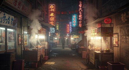 Naklejka premium Neon signs in Asian street at night with steam and vibrant lighting.
