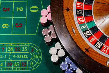 roulette wheel and chips on table showcase casino excitement. vibrant colors and intricate details highlight gambling atmosphere. perfect for gaming, nightlife, and entertainment projects