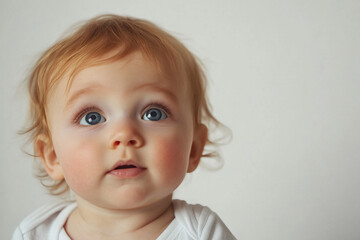 Naklejka premium Close-upt cute baby with light brown hair and wide blue eyes looking upwards with a slightly open mouth.