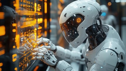 Advanced humanoid robot interacts with a digital interface, showcasing futuristic technology