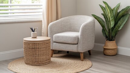 Cozy home office corner with chair, round table, houseplant, and neutral-toned blank wall for copy placement