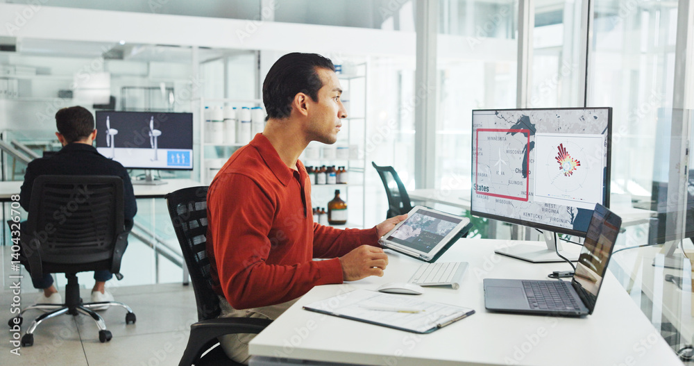 Aufkleber Computer screen, tablet and windmill with business man in office for renewable energy or sustainability. Ecology, electricity and wind turbine with map on display for development or engineering