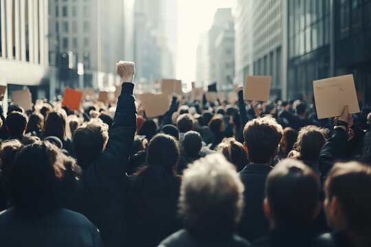 Large crowd of protesters holding signs and raising fists in a city street lined with tall buildings.