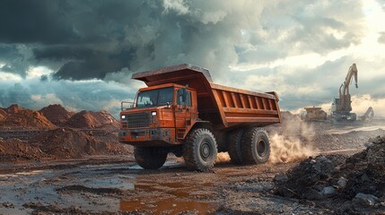 Heavy orange dump truck navigating muddy construction site under stormy sky