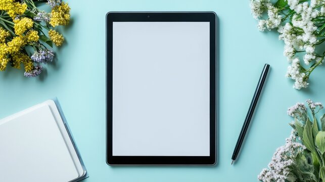 E-learning workspace with a tablet, pen, and clean desk space for promoting online courses or tutorials