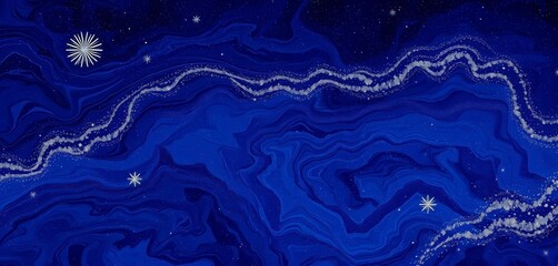 Obraz premium Deep indigo marble swirls, silver stardust scattered across midnight galaxy background , calm, dark