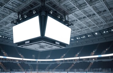 Empty arena sports scoreboard with blank white screen display. Digital display board for advertising or broadcast information during event. Advertising space, copy space on scoreboard in sports field.