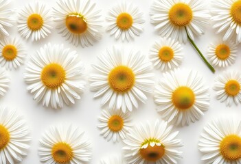 Fototapeta premium Delicate daisy & dandelion blossoms arranged in a repeating flat lay pattern on white , decoration, bright
