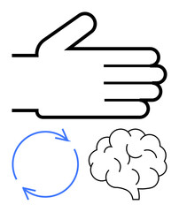 Outlined hand, circular arrows, and brain suggest interaction, mindfulness, decision-making, and continuous learning. Ideal for teamwork, psychology, growth habit-building strategy innovation