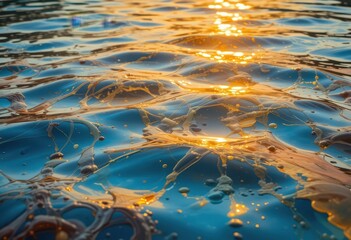 A close-up view of shimmering water, with sunlight reflecting off its surface, creating a dazzling array of sparkles and highlights, evoking a serene and tranquil atmosphere.
