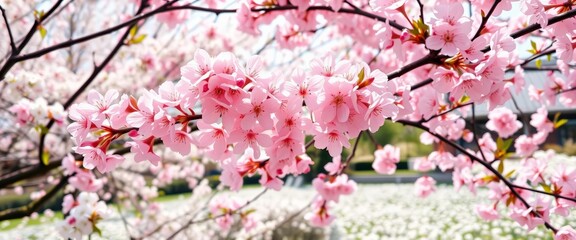 Obraz premium Delicate pink cherry blossom in full bloom against a backdrop of white flowers and a tranquil Asian landscape, background, delicate