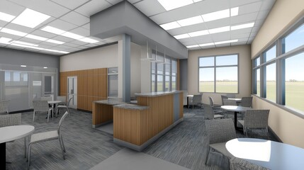 Naklejka premium Refined open office scene with minimal clutter, large windows, and wide neutral wall for copy