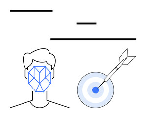 Human face with geometric recognition pattern and arrow hitting a bullseye. Ideal for AI, biometrics, analytics, innovation, technology, data accuracy, privacy. Flat simple metaphor