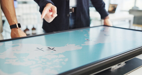 Energy, people or hands with map on screen for turbine location, wind farm layout or renewable...