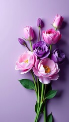 Obraz premium Delicate purple floral arrangement with roses, tulips, and peonies, elegant, floral