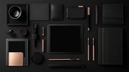 Obraz premium Top view of modern desk setup with tablet, notebook, pen holder, and empty space around for mockups or text insertion
