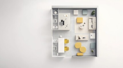 Urban-style open space office with minimal color palette, desk clusters, and blank space for overlay