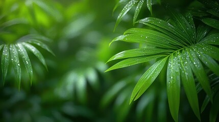 Lush green palm leaves with water droplets