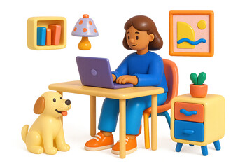 Colorful Home Office with Laptop and Dog – Transparent Background
