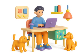 Playful Home Office with Two Dogs – Transparent Background

