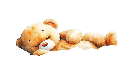 Sleeping Teddy Bear Illustration in Watercolor Style on Transparent Background
