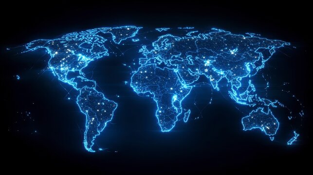 Fototapeta Luminous world map. Blue, bright, and connected cities outline continents on a dark backdrop