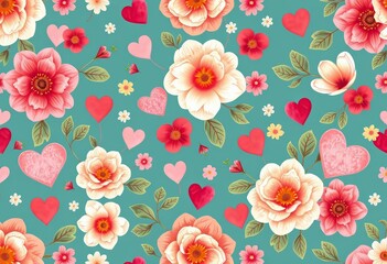 Delightful seamless pattern of charming flowers and hearts, perfect for backgrounds, repeat, spring