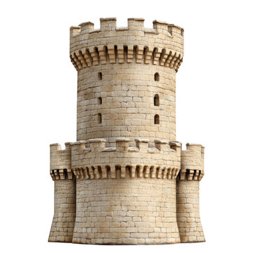 Majestic castle structure with towering walls and ornate features set against a clear blue sky isolated on a white background.