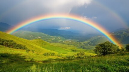 Fototapeta premium Majestic rainbow arches over lush green mountain valley.