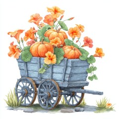 Rustic Blue Wagon Filled with Orange Pumpkins and Flowers