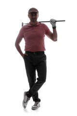 Silhouette of mature male golf player on white background