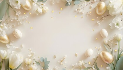 Minimal Easter scene with eggs, tulips, and foliage on soft backdrop, perfect for seasonal greeting cards, marketing visuals, and springtime campaigns
