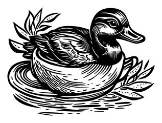 Obraz premium Detailed Engraving of a Duck Swimming in a Nesting Bowl