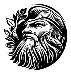 Fototapeta premium Detailed Black and White Engraving of a Bearded Man with Leaves