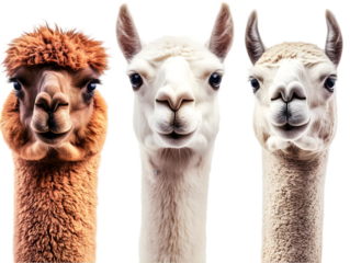 Three Alpaca Portraits On Transparent Background Furry Heads Facing Forward