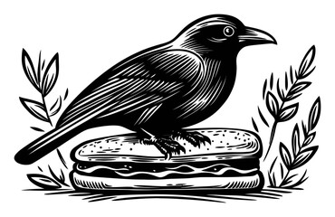 Naklejka premium Black Bird Engraving on Sandwich with Leaves for Unique Design