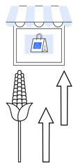 Corn ear with upward arrows beside a small store with a shopping bag inside display. Ideal for sustainability, eco-friendly consumption, growth, farming, business development, local economy, market